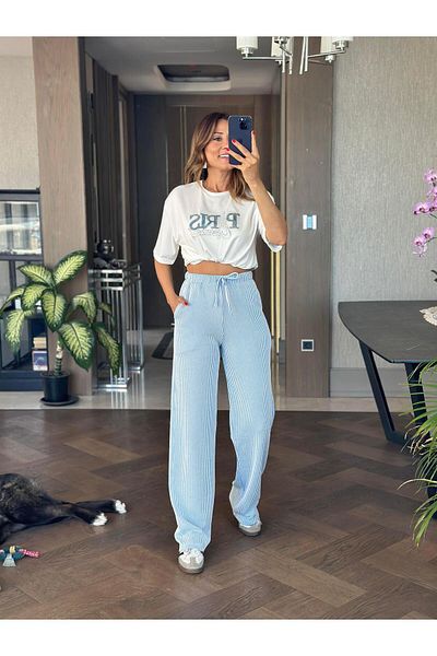 Forlady Butik Baby Blue Striped Melange Women's Trousers with Elastic Waist