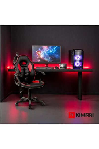 Kiwari Ster Gaming Chair, PU Leather, Wooden Frame, Nylon Base, Adjustable Height, Swivel, Black/Red
