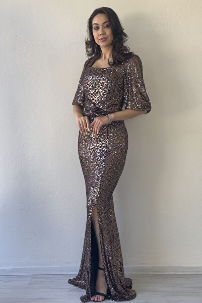 thezkscom Kadın Pul Payet Ön Büzgülü Balon Kol Yırtmaçlı Büyük Beden Abiye El...