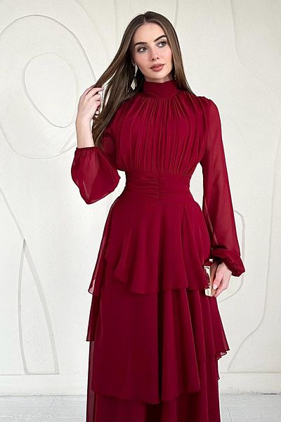 Elbee Fashion Woman Stand Collar Waist Detailed Dress
