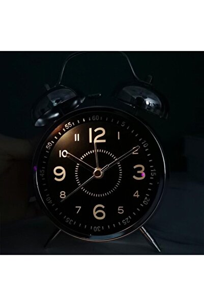 DEKORANLA Büyük Boy Nostaljik Gümüş Metal Işıklı Çift Çanlı Çalar Saat Siyah