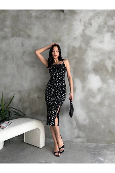 Butik Kadın Çiçek Desenli Askılı Yırtmaçlı Bürümcük Yazlık Elbise