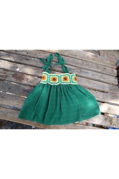 Hippie Hop Hippie Hop Motifed Dress Girl's Moon Flower - Yellow - Green