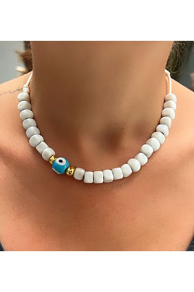 Kutcha Accessories White Beaded Evil Eye Bead Women's Necklace – Handmade Adjustable Summer Necklace