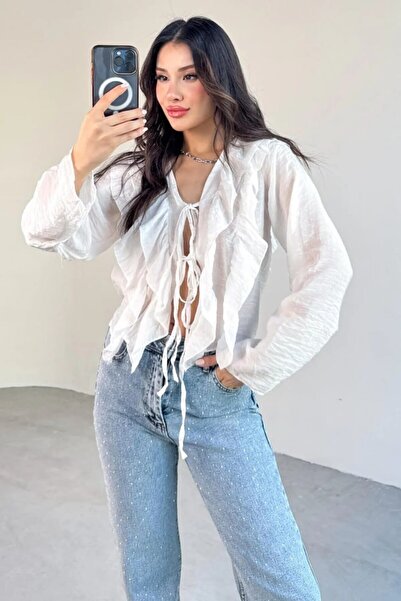 Marbella Γυναικεία Νέα σεζόν με λεπτομέρεια με βολάν μπλούζα με βολάν - Μακρυμάνικο καλοκαιρινό μπλουζάκι