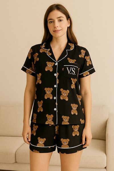 FENZO Cotton Viscose Women's Teddy Bear Shorts Set Short Sleeve Top Bottom Short Shorts Casual Homewear