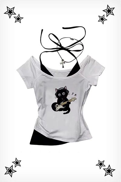 1blood White Guitar Cat Madonna Collar Additional Strap Short Sleeve Crop