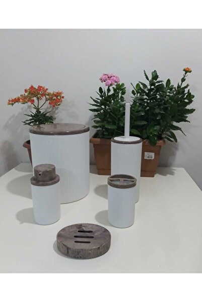 YÜCEKAYA TİCARET طقم حمام أبيض مكون من 5 قطع، طقم حمام دائري أبيض منقوش من الأكريليك، طقم حمام مخطط، سلة المهملات