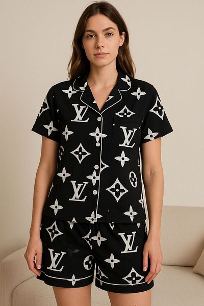 FENZO Women's Pink-Black Short Sleeve Shorts Suit Cotton Viscose Printed Button Piping Detail