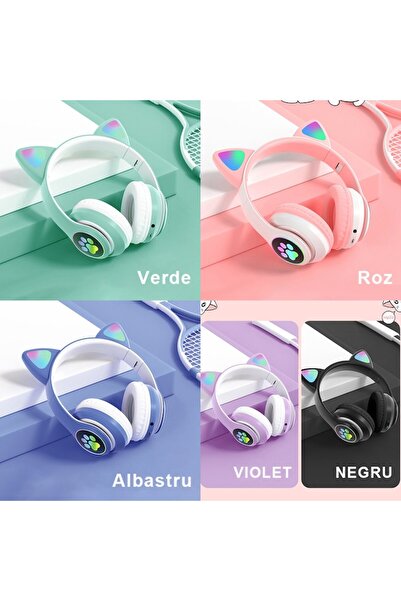 Bogadini Castile Wireless Pliabile Cu Urechi Pisica, Bluetooth 5.0, Hifi Stereo, Led, Albastre