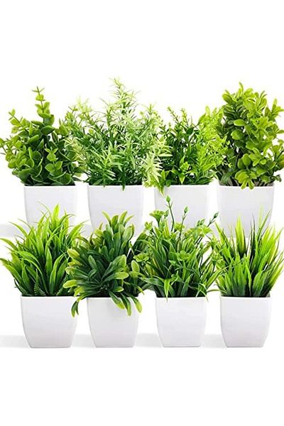 NEXIFY Artificial Potted Plants, 8 Pack Artificial Plastic Eucalyptus Plants Small Indoor Potted Ho