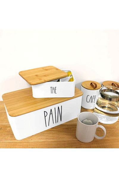 FRANDIS Metal bread box with bamboo lid, white, 33x18x12 cm