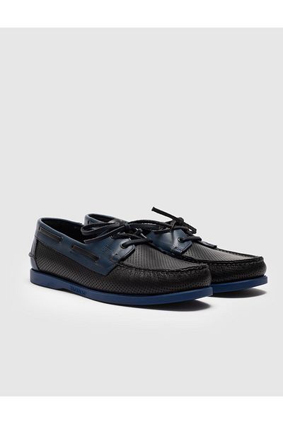 Cabani Genuine Leather Navy Blue Lace-Up Men's Casual Shoes