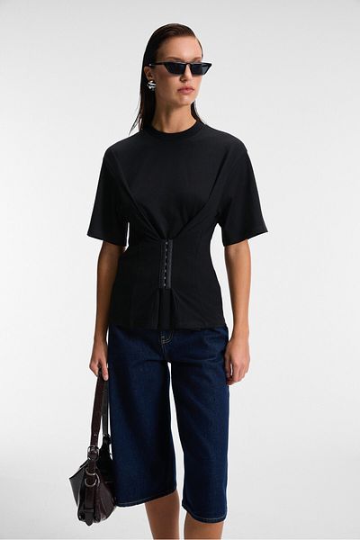 GRIMELANGE Naria Women's Crew Neck Short Sleeve Agraj Detail at Waist Relaxed Fit Black Blouse
