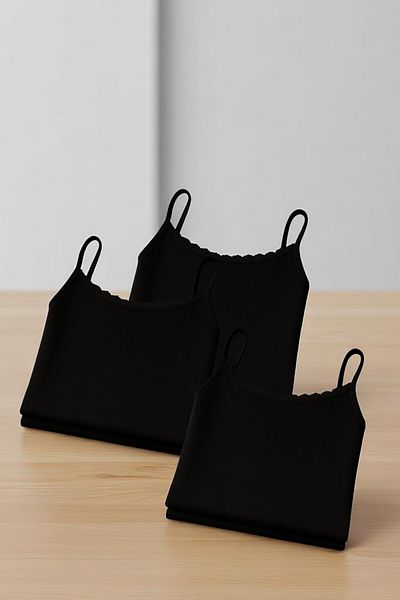 QKK Women's 100% Cotton Jacquard Soft Fabric Black Thread Strap 3-Piece Tank Top Qi̇3K13Lk4E.3L