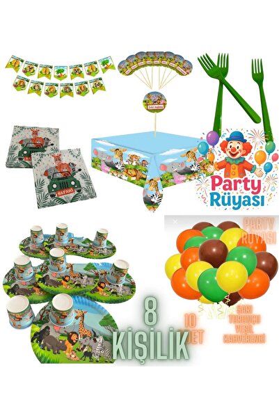 partyrüyası Safari Sevimli Hayvanlar Temalı 8 Kişilik Doğum Günü Set-1