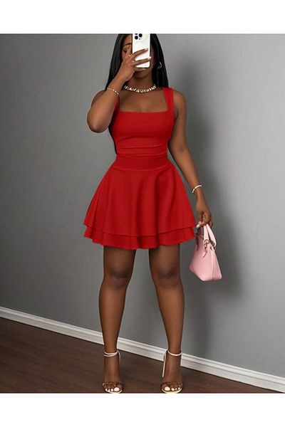MAROVOAY Plus Size Mini Flared Dress with Drawstring Waist