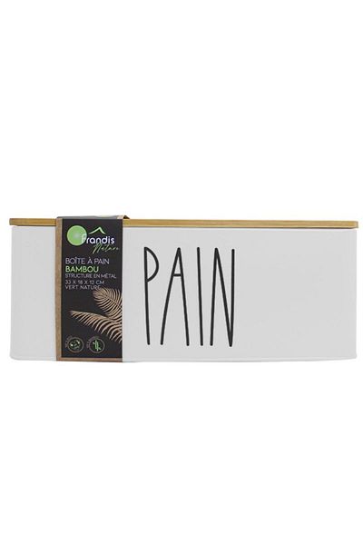 FRANDIS Metal bread box with bamboo lid, white, 33x18x12 cm