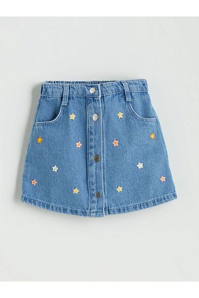 LC Waikiki Lcw Kids Indigo Waist Elastic Embroidered Girl's Jean Skirt