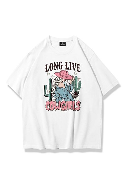 Trendiz Unisex Long Live Cowgirls Tshirt Λευκό