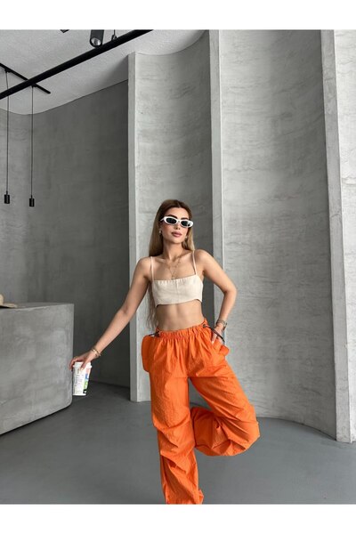 Marbella Women's Elastic Leg Parachute Fabric Trousers