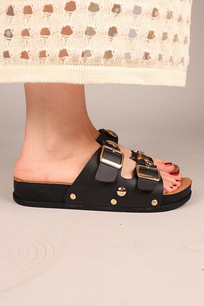 Birikon Marty Round Accessory Double Buckle Slippers Black