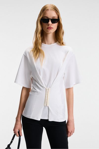 GRIMELANGE Naria Women's Crew Neck Short Sleeve Agraj Detail at Waist Relaxed Fit Ecru Blouse