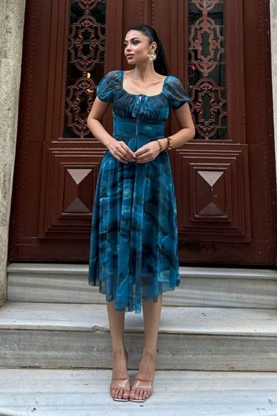 Mossta Square Neck Lace-Up Patterned Tulle Dress - Blue
