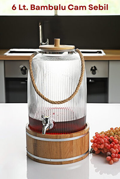 welcomein Bambulu Musluklu Cam İçecek Sebili 6 L Bambu Standlı, Halat Kulplu ...