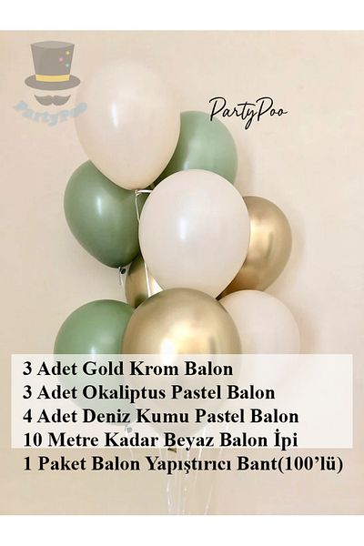 PartyPoo 3 Gold Chrome 3 Eucalyptus 4 Sea Sand Pastel Balloon Set – Birthday, Party and Decoration