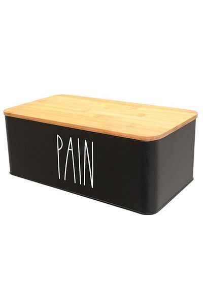 FRANDIS Metal bread box with bamboo lid, black, 33x18x12 cm