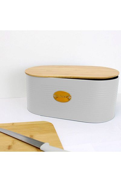 FRANDIS Metal bread box with bamboo lid, white, 34x18x14 cm