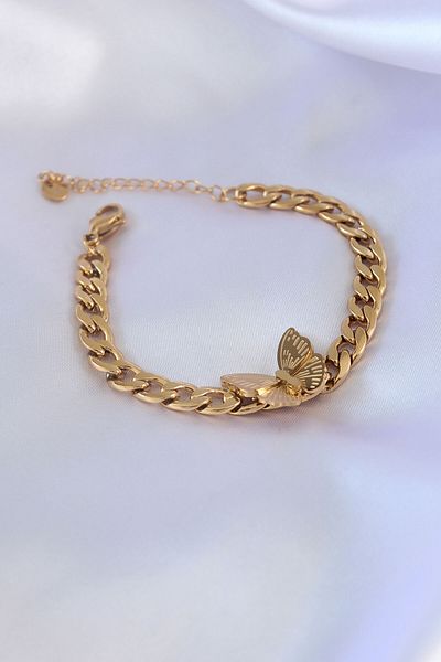 Clariss 316L Steel Gold Color Butterfly Figure Embroidered Detail Chain Model Women's Bracelet
