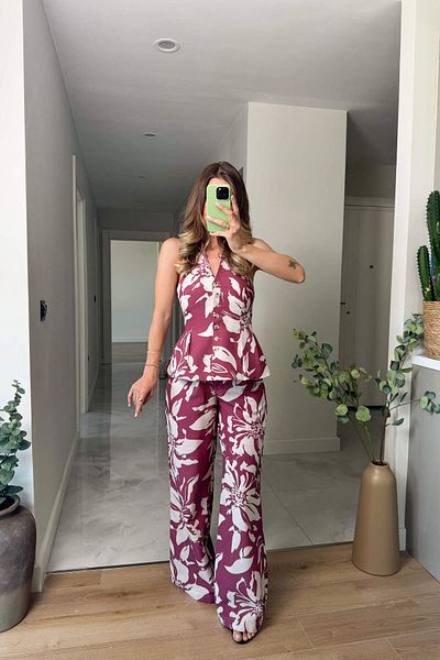 Sue Store Burgundy Ecru Floral Pantaloni cu nasturi Bluză Set de in
