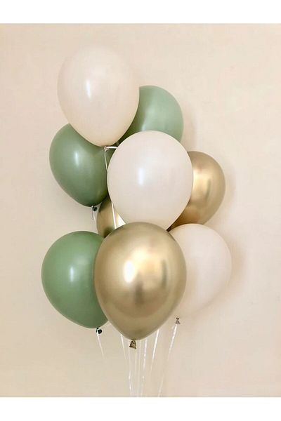 PartyPoo 3 Gold Chrome 3 Eucalyptus 4 Sea Sand Pastel Balloon Set – Birthday, Party and Decoration