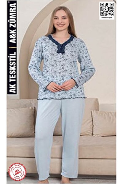 A&K ZÜMRA Natural Viscose Mother Model Lace Pajama Set Blue
