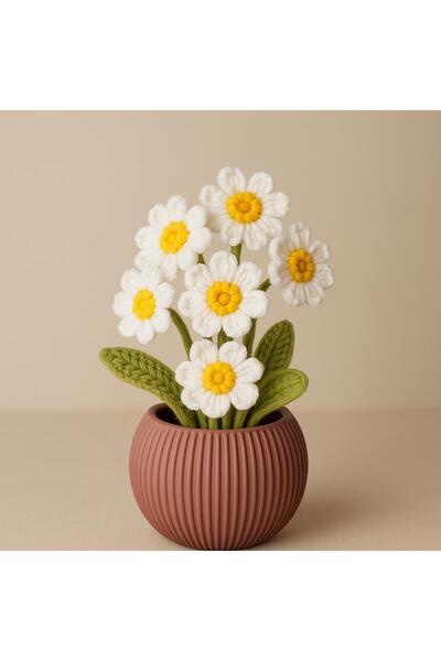 El örgüsü بابونج محبوك يدويًا في وعاء زهور محبوك يدويًا - زهرة هدية لا تتلاشى