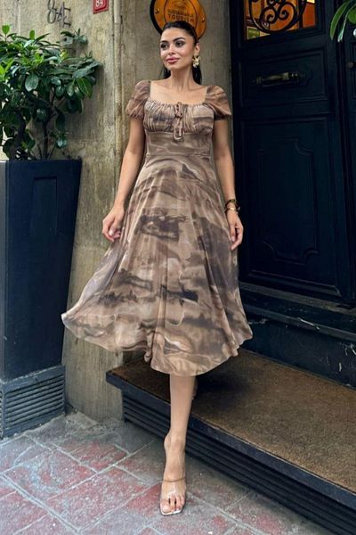 Mossta Square Neck Lace-Up Patterned Tulle Dress - Brown