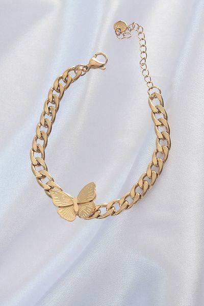 Clariss 316L Steel Gold Color Butterfly Figure Embroidered Detail Chain Model Women's Bracelet