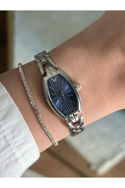RoseandRoses Trendy Women's Wristwatch with Veyra Stone Baguette Bracelet Gift Silver (Navy Blue Line Dial)