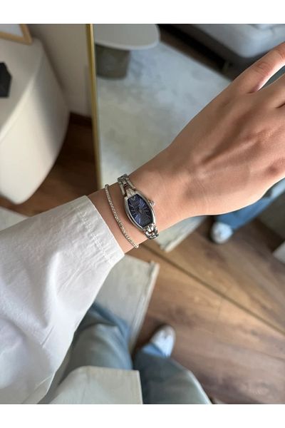 RoseandRoses Trendy Women's Wristwatch with Veyra Stone Baguette Bracelet Gift Silver (Navy Blue Line Dial)