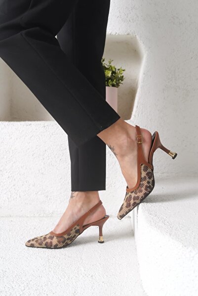 Öncerler Ayakkabı Kahve Leopar Kadın Fileli Model Galvoniz Topuklu Ayakkabı