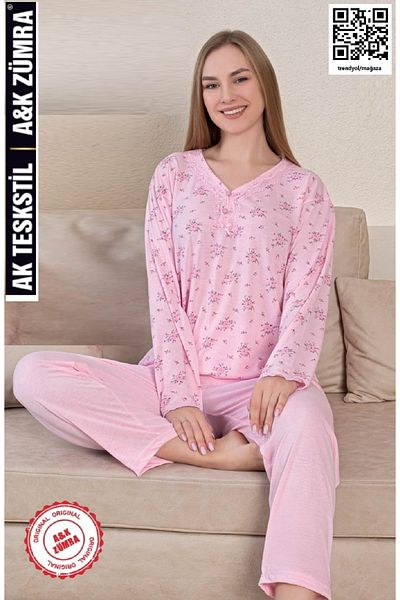 A&K ZÜMRA Natural Viscose Mother Model Lace Pajama Set Pink
