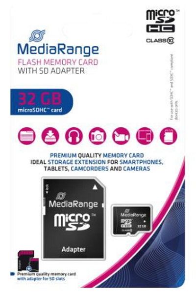 MediaRange MediaRange MicroSDHC Memory Card, 32GB, Class 10 + SD Adapter