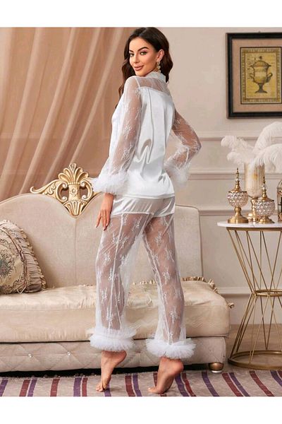 Star Fashion Satin and lace bridal/godmother pajamas, 2 pieces, button-down blouse and long pants