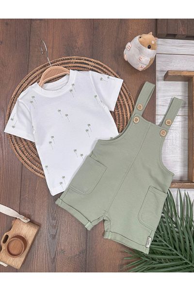 Kids Kingdom Cotton Palm Patterned Double Pocket Short Jumpsuit 2-Piece Baby Boy Set
