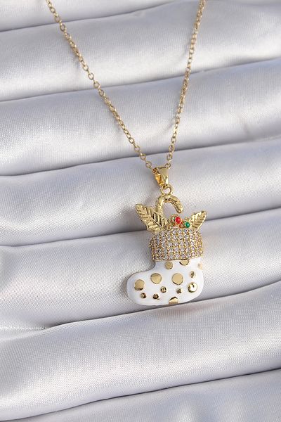 Clariss 316L Steel Gold Color Chain Zircon Stone Christmas Themed Christmas Stocking Figure Women's Necklace