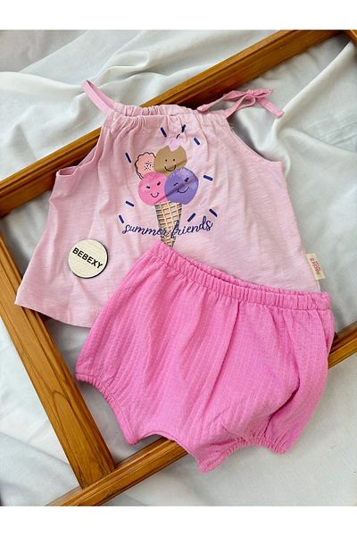 BEBEXY BUTİK Summer Friends Printed Top and Bottom Set Pink