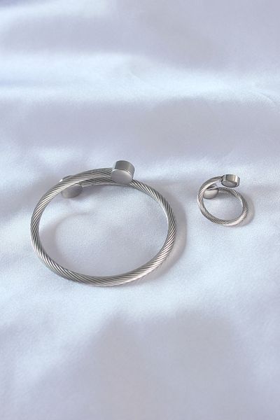 Clariss Steel Silver Color Tight Twist Model Men's Bracelet Ring Set