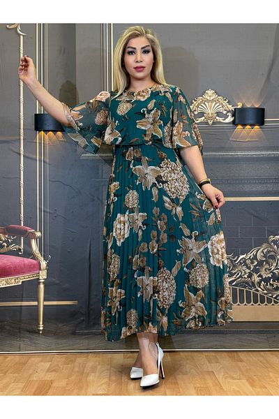 Yeşilmoda Dress Evening Dress Chiffon Midi Length Short Sleeve Skirt Pleated High Quality Lined Floral Green Women